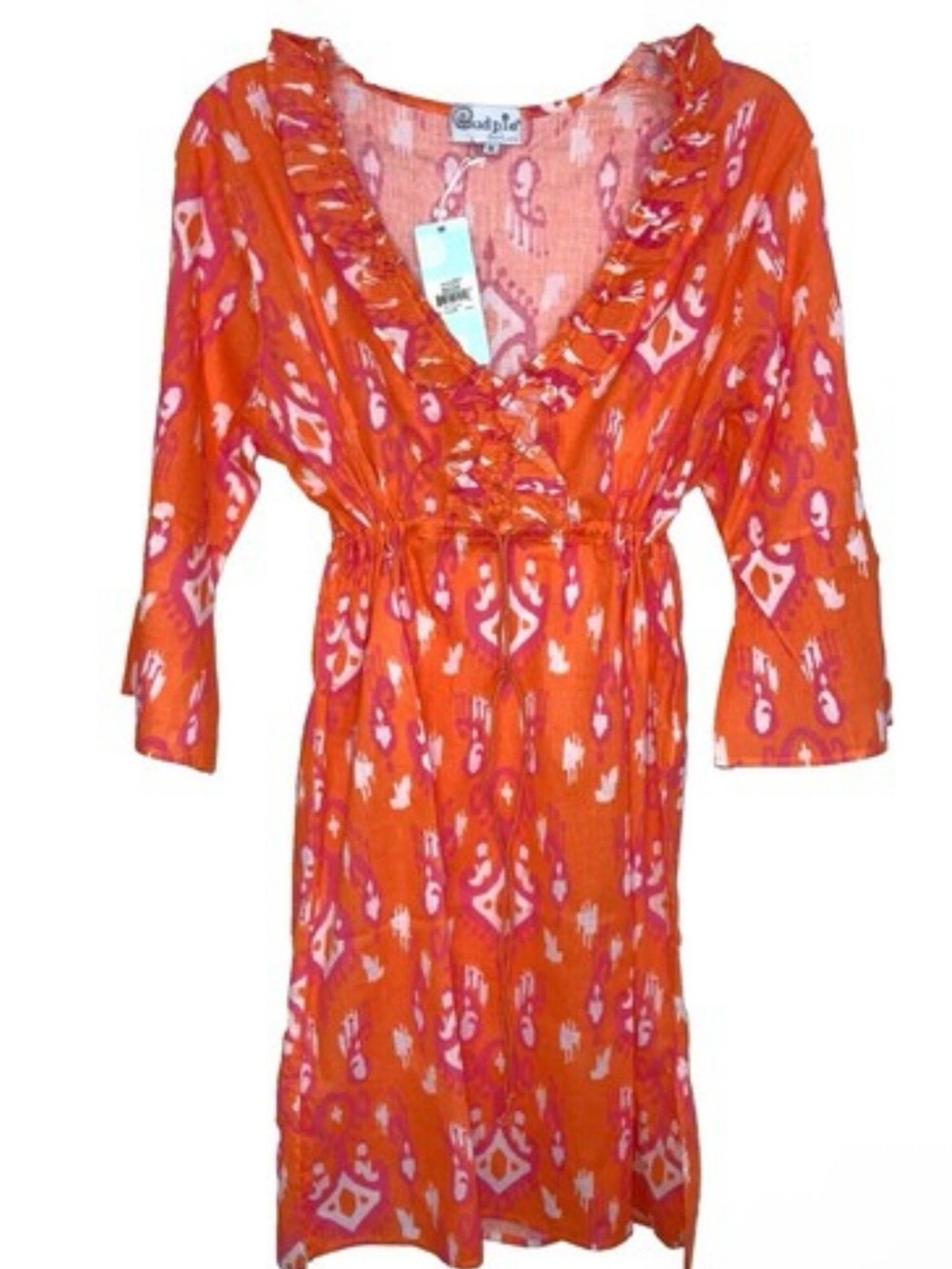 Mud Pie Orange & Pink Ikat Ruffle V-Neck Tunic Bathing Suit Cover-up Size Large